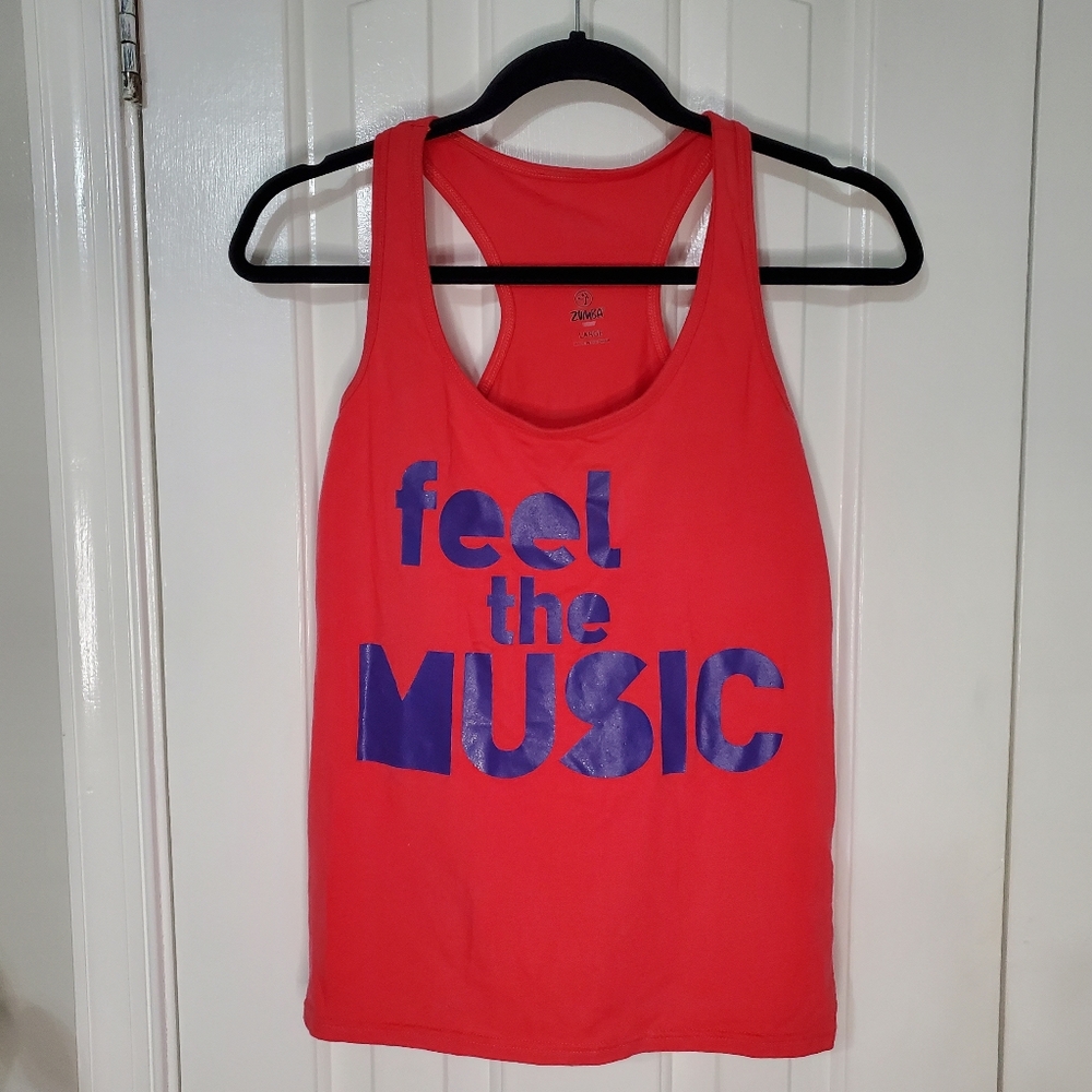 Zumba Fitness Red Tank Top with Blue "Feel the Music" Graphic